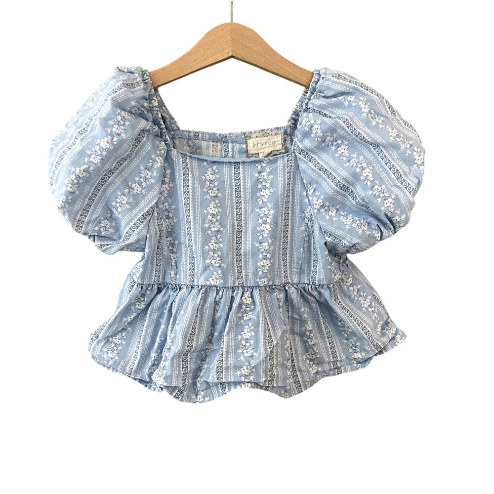 btween Puff Sleeve Cottagecore Floral Peplum Hem Blouse Blue White 5